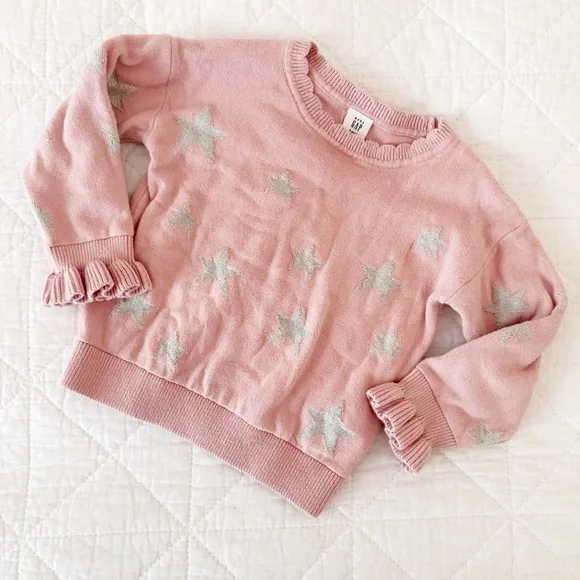 GAP Kids Soft Pink Knit Sweater Silver Stars Ruffle Sleeves 2T - Picture 1 of 3
